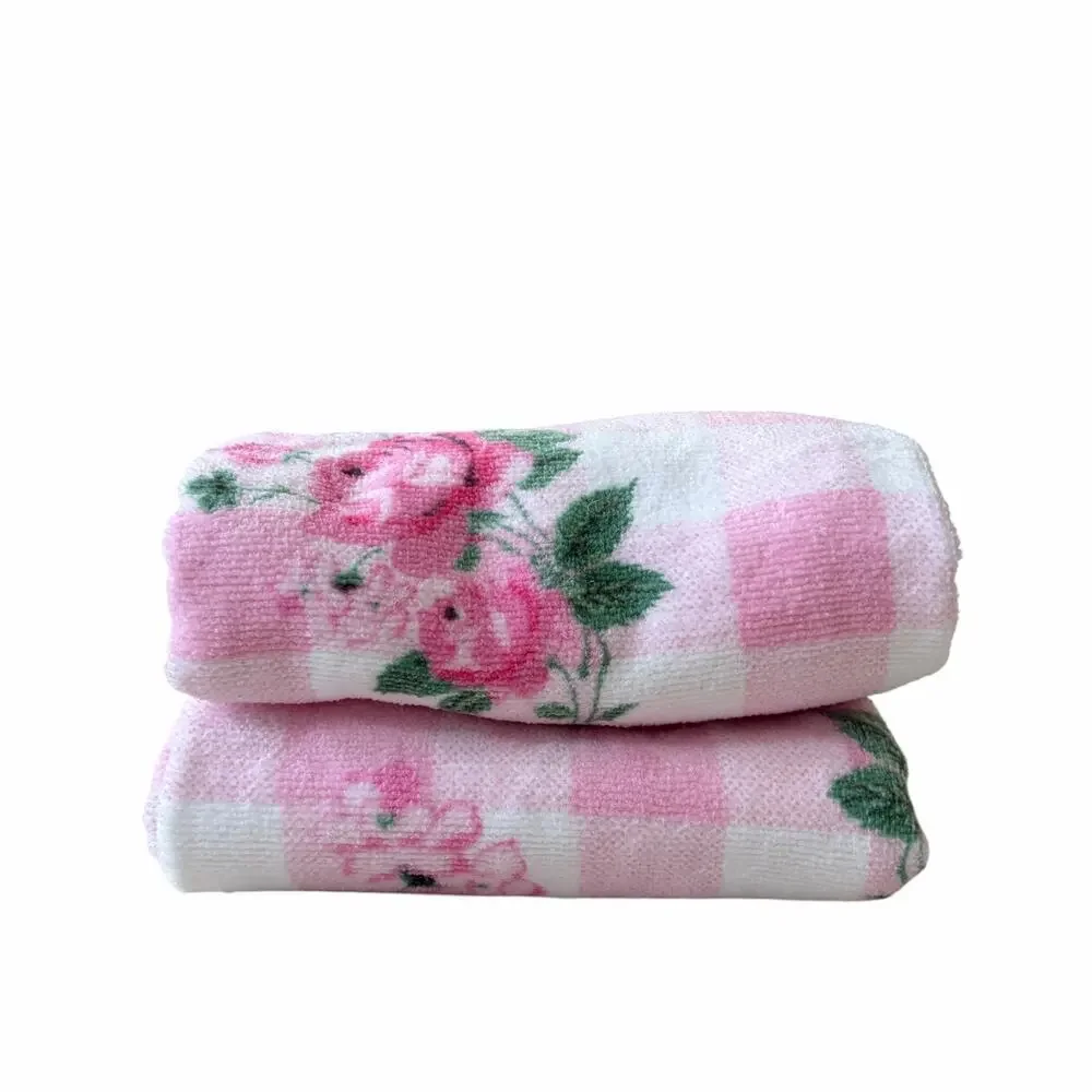 2pc Betsy Johnson Pink Gingham Floral  Hand Towels 100% Cotton 16x26 NEW